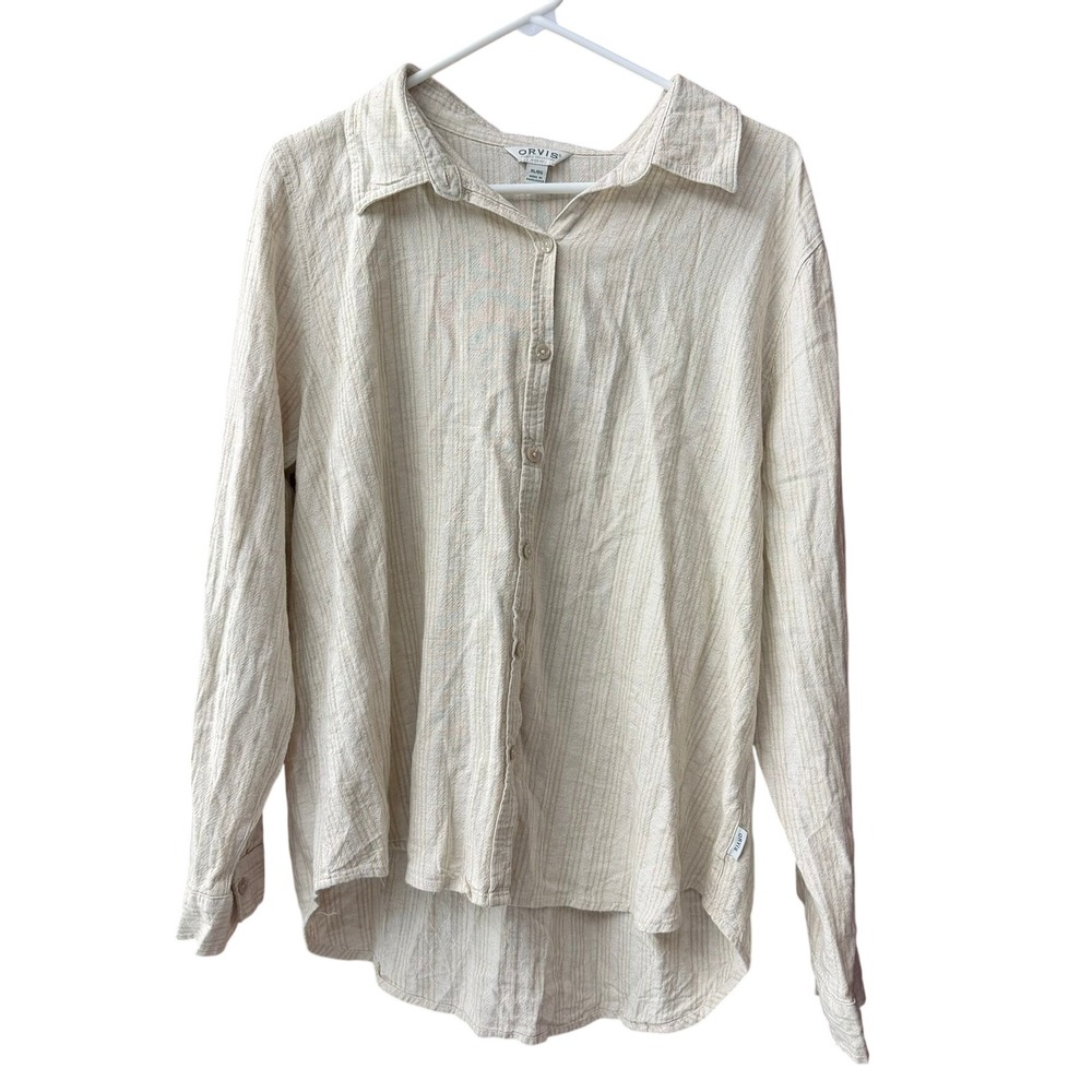 Orvis Button Down Shirt Womens XL Beige Striped Linen Blend Long Sleeve